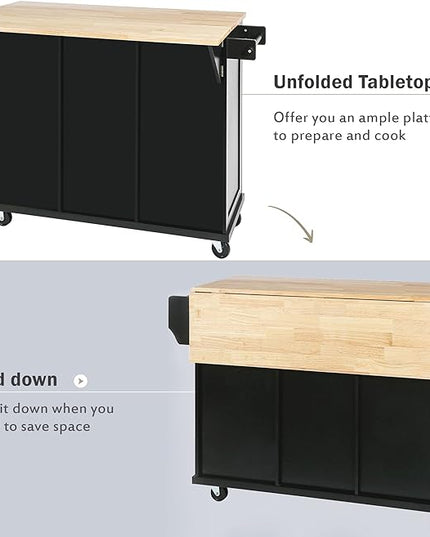 Kitchen Cart with Rubber Wood Drop-Leaf Countertop, Kitchen Island On 5 Wheels with Storage Cabinet, 3 Drawers and Internal Storage Racks, Rolling Mobile Portable Serving Carts (Black) - LeafyLoom