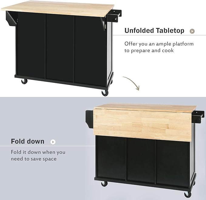 Kitchen Cart with Rubber Wood Drop-Leaf Countertop, Kitchen Island On 5 Wheels with Storage Cabinet, 3 Drawers and Internal Storage Racks, Rolling Mobile Portable Serving Carts (Black) - LeafyLoom