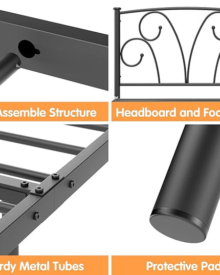 Timy Kids Twin Bed Frame with Headboard and Footboard, Metal Platform Bed Frame with 12 Inch Storage Space for Boys Girls Teens Adults, No Box Spring Needed, Black - LeafyLoom