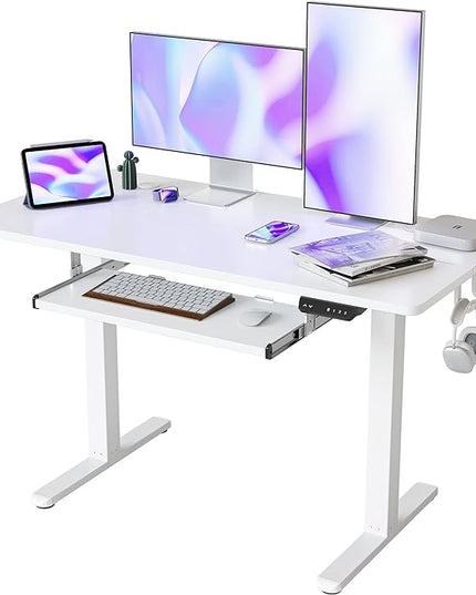 FEZIBO Standing Desk with Keyboard Tray, 48 × 24 Inches Electric Height Adjustable Desk, Sit Stand Up Desk, Computer Office Desk, White - LeafyLoom