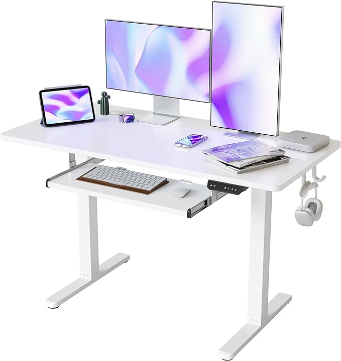 FEZIBO Standing Desk with Keyboard Tray, 48 × 24 Inches Electric Height Adjustable Desk, Sit Stand Up Desk, Computer Office Desk, White - LeafyLoom