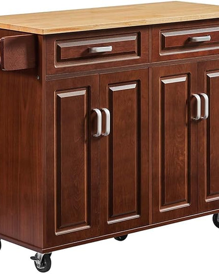 54" Rolling Kitchen Island on Wheels, Large Kitchen Island Cart with Storage Cabinet, Portable Wood Island Table for Kitchen with 2 Drawers and Spice Rack & Towel Rack, Rustic Brown - LeafyLoom