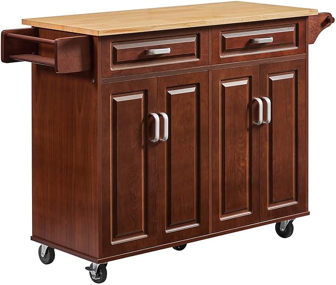 54" Rolling Kitchen Island on Wheels, Large Kitchen Island Cart with Storage Cabinet, Portable Wood Island Table for Kitchen with 2 Drawers and Spice Rack & Towel Rack, Rustic Brown - LeafyLoom