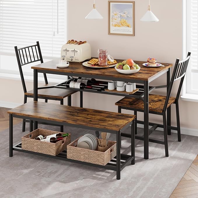 Dining Table Set for 4, Kitchen Table and Chairs for 4 with Wine Rack, Rectangular Dining Room Table Set with Bench, 4 Piece Dining Table Set for Small Space, Apartment, Retro Brown - LeafyLoom
