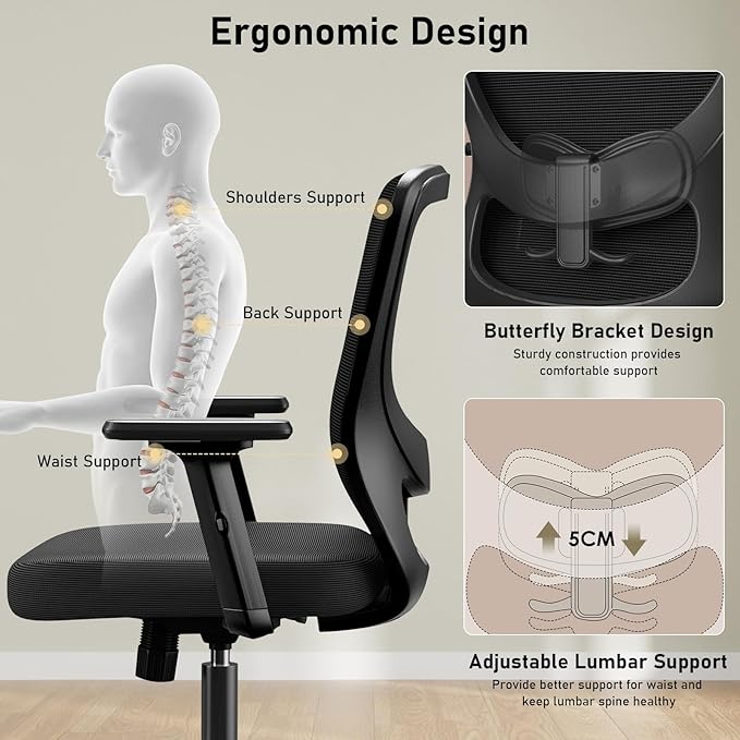 Office Chair, Ergonomic Desk Chair with Adjustable High Back, Breathable Mesh Computer Chair with Adjustable Armrests, Rolling Swivel Comfy Task Chairs, Executive Chair for Home Office - LeafyLoom