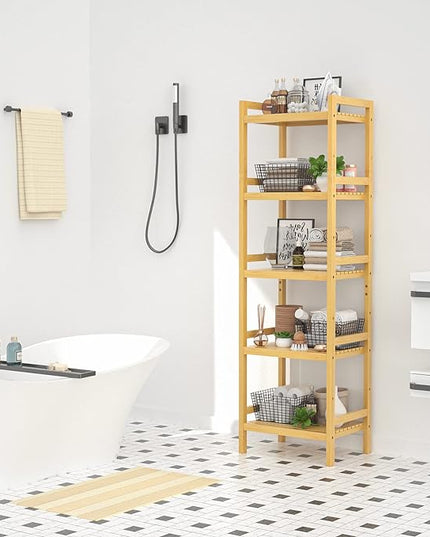 Homykic Bamboo Bookshelf, 5-Tier Narrow 55.9” Adjustable Book Shelf Bookcase Bathroom Shelves Freestanding Storage Stand for Living Room, Bedroom, Kitchen, Rust Resistance, Easy Assembly, Natural - LeafyLoom
