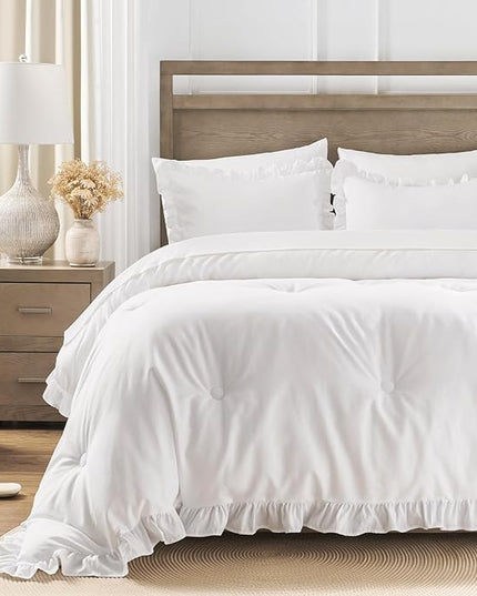 California King Bed in a Bag 7 Pieces Cal King Comforter Set, Ruffle Shabby Chic Bedding Comforter Set White Bed Set with Comforter, Pillowcases, Flat Sheet, Fitted Sheet and Pillow Shams - LeafyLoom