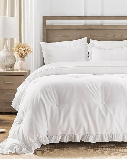 King Size Bed in a Bag 7 Pieces King Size Comforter Set, Ruffle Shabby Chic Bedding Comforter Set White Bed Set with Comforter, Pillowcases, Flat Sheet, Fitted Sheet and Pillow Shams - LeafyLoom