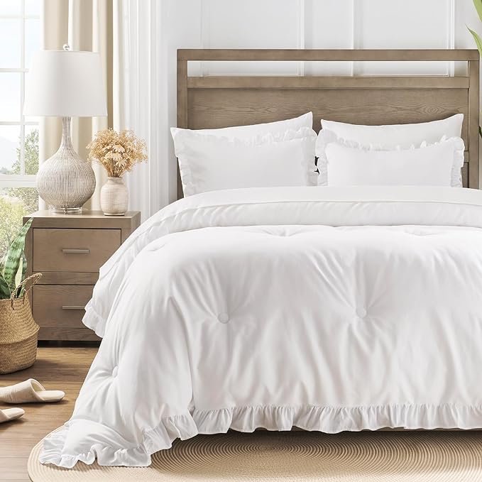 Twin Bed in a Bag 5 Pieces Comforter Set Twin, Ruffle Shabby Chic Bedding Comforter Set White Bed Set with Comforter, Pillowcase, Flat Sheet, Fitted Sheet and Pillow Sham - LeafyLoom