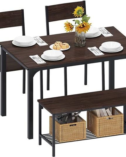 SogesHome 4-Piece Kitchen Table and 2 Chairs for 4 with Bench, Dining Table Set for Small Space, Apartment, Living-Room, Restaurant, Dark Walnut - LeafyLoom
