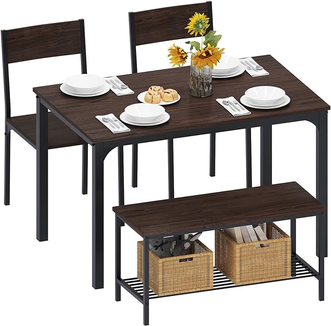 SogesHome 4-Piece Kitchen Table and 2 Chairs for 4 with Bench, Dining Table Set for Small Space, Apartment, Living-Room, Restaurant, Dark Walnut - LeafyLoom