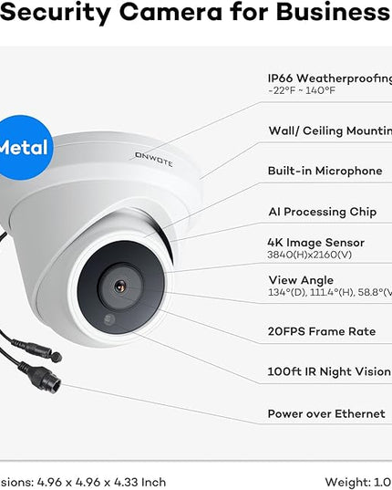 ONWOTE NVR PoE Security Camera System 4K, 16 Channel 12MP Commercial NVR 4TB, 8X 8MP Wired Outdoor IP Cameras, 134° FoV, AI Detection, 24/7 Video Audio Recording, CCTV Surveillance for Home Business ONWOTE