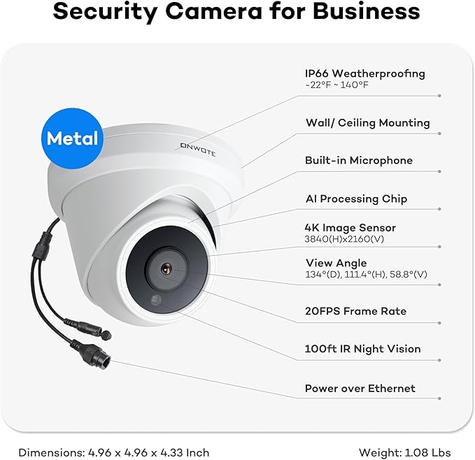 ONWOTE NVR PoE Security Camera System 4K, 16 Channel 12MP Commercial NVR 4TB, 8X 8MP Wired Outdoor IP Cameras, 134° FoV, AI Detection, 24/7 Video Audio Recording, CCTV Surveillance for Home Business ONWOTE