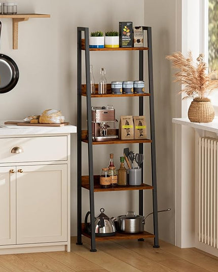 Furologee 5-Tier Ladder Shelf, Ladder Bookshelf with Removable Drawer, Rustic Bookcase Storage Rack Organizer, Wood Metal Freestanding Storage Shelf for Living Room, Home Office, Bedroom, Balcony - LeafyLoom