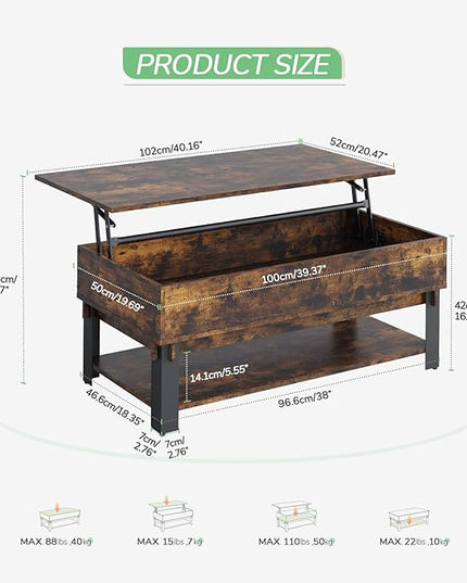 Novilla Modern Lift Top Coffee Table with Storage for Living Room Wodden Lift Tabletop Dining Table with Hidden Compartment and Metal Frame 40 Inch, Rustic Brown - LeafyLoom