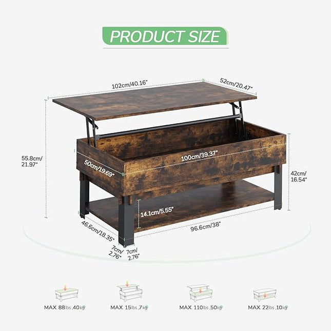 Novilla Modern Lift Top Coffee Table with Storage for Living Room Wodden Lift Tabletop Dining Table with Hidden Compartment and Metal Frame 40 Inch, Rustic Brown - LeafyLoom