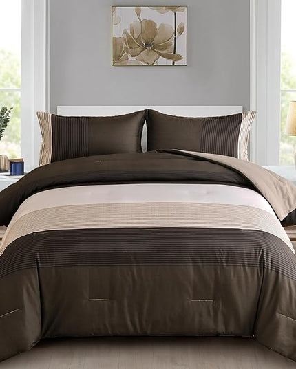 Brown Comforter Set King, Reversible Brown Striped Down Alternative Comforter for King Bed,3 Pieces (1 Comforter+2 Pillowcases), Soft Microfiber Bedding Duvet Set 104"×90" - LeafyLoom