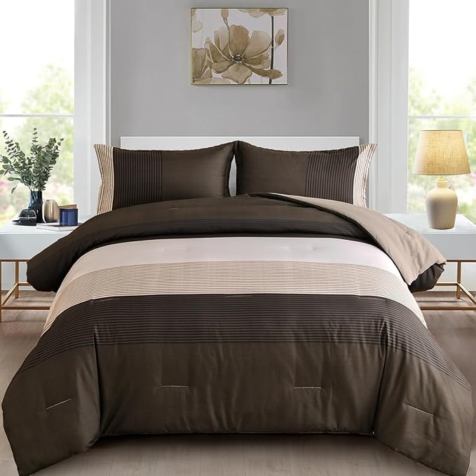 Brown Comforter Set King, Reversible Brown Striped Down Alternative Comforter for King Bed,3 Pieces (1 Comforter+2 Pillowcases), Soft Microfiber Bedding Duvet Set 104"×90" - LeafyLoom