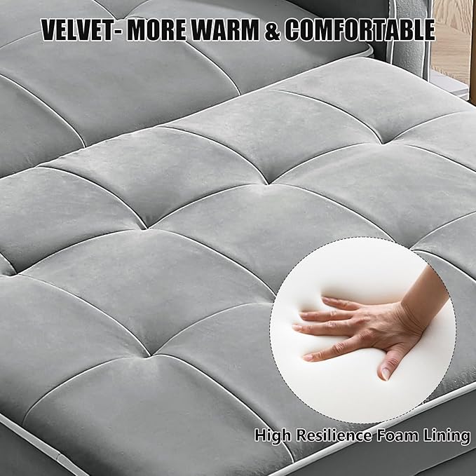 3 in 1 Loveseat Sofa Bed, Pull Out Couch Sleeper with Storage, Full Size Velvet Convertible Chair with 2 Pockets & 2 Pillows for Living Room, Grey - LeafyLoom