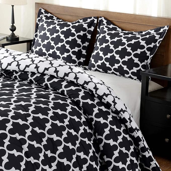 downluxe Printed King Size Comforter Set - Black King Comforter, Soft Bedding Sets for All Seasons -3 Pieces - 1 Comforter (104"x92") and 2 Pillow Shams(20"x36") - LeafyLoom