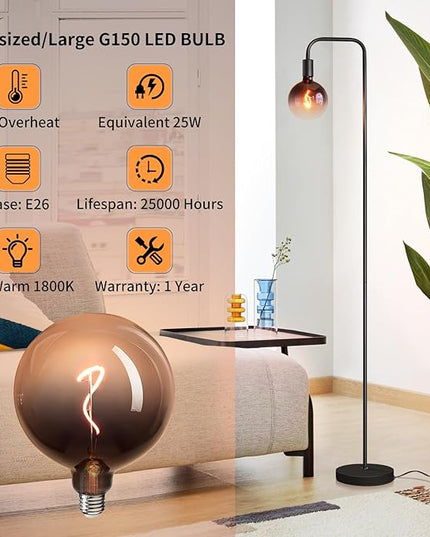 Floor Lamp for Living Room - Minimalist Industrial Standing Lamp with Modern LED Bulb, Globe Black Clear Glass 6", 1800K Warm Ambiant Lighting Decorative Tall Floor Lamp for Bedroom Office - LeafyLoom