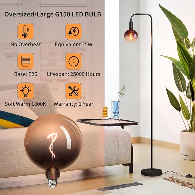 Floor Lamp for Living Room - Minimalist Industrial Standing Lamp with Modern LED Bulb, Globe Black Clear Glass 6", 1800K Warm Ambiant Lighting Decorative Tall Floor Lamp for Bedroom Office - LeafyLoom
