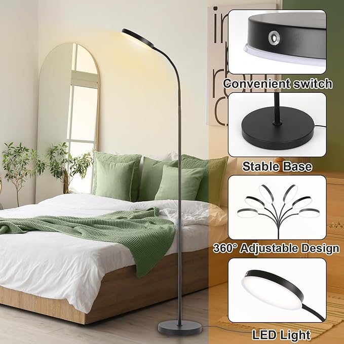 Floor Lamp, LED Floor Lamps for Living Room, Stepless Adjust Color Temperatures & Brightness Standing Lamp with Touch Control Tall Lamps Adjustable Gooseneck Reading Floor Lamp (Black) - LeafyLoom
