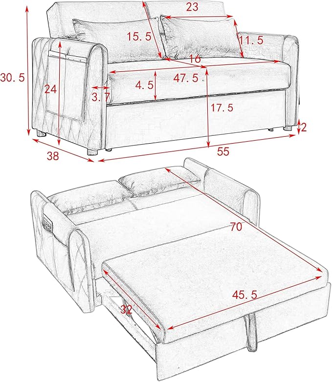 3 in 1 Sleeper Sofa Grid Design Armrests and 2 Pillows,Modern Convertible Loveseat Sofá W Pull Out Sleep Couch Bed,Velvet Upholstered Love Seat TV Sofabed for Living Room, 55", Blue1 - LeafyLoom
