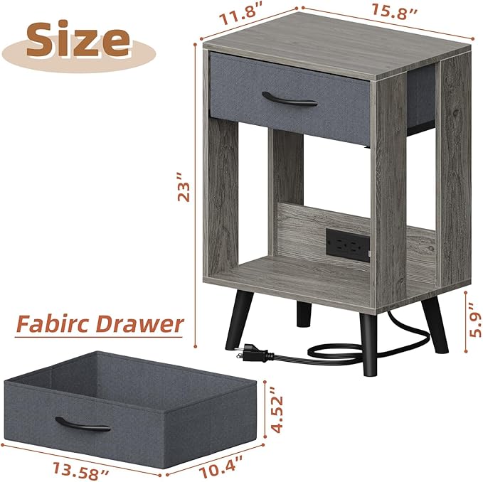 Nightstand with Charging Station and Fabric Drawer, Side Table with Storage for Bedroom, Night Stand with Open Wood Shelf for Bedroom, Bedside Tables - Gray - LeafyLoom