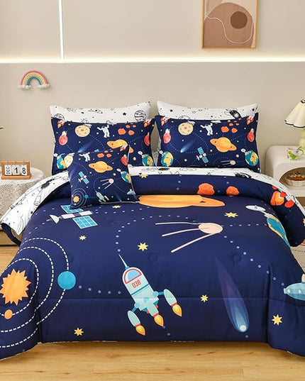 8 Piece Kid Comforter Set Twin Size Bed in a Bag, Space Rocket Bedding Set for Teen Boys Girls - LeafyLoom
