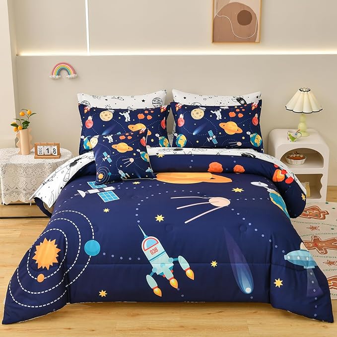 Spaceship Comforter Set Full Size, 8 Piece Bed in a Bag Rocket Space Bedding Sets for Boys Girls Kids - LeafyLoom