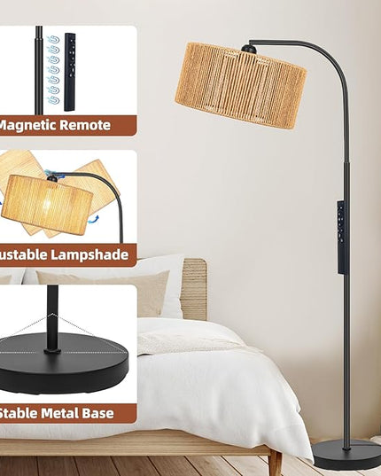 Boho Standing Lamp with Dimmable Bulb Nartual Rattan Adjustable Lampshade, Black Modern Farmhouse Rattan Floor Lamp for Living Room, Bedroom, Office, Classroom - LeafyLoom
