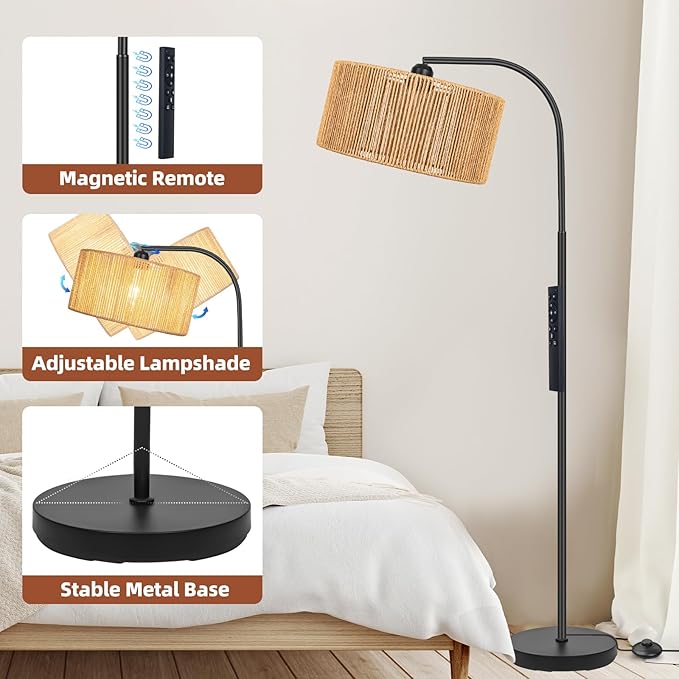 Boho Standing Lamp with Dimmable Bulb Nartual Rattan Adjustable Lampshade, Black Modern Farmhouse Rattan Floor Lamp for Living Room, Bedroom, Office, Classroom - LeafyLoom