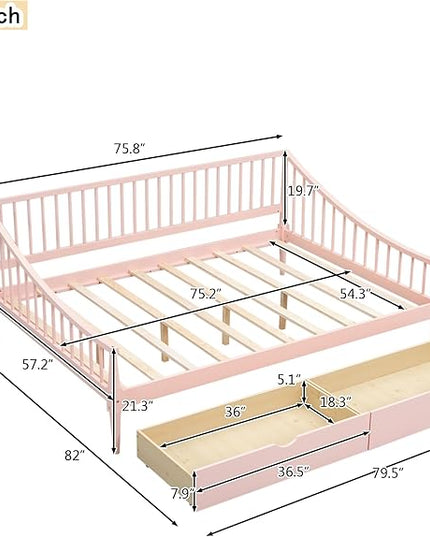 Full Size Daybed with Two Drawers,Solid Wood Storage Bed Frame W/Wooden Slat Support,Guide Rail Design on Three Sides,Easy to Assemble,for Bedroom Living Room,Pink - LeafyLoom