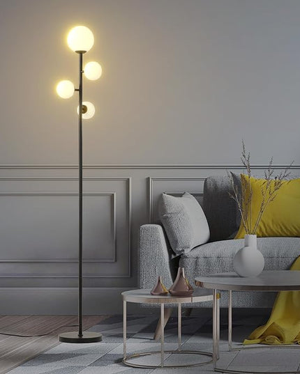 4 Globe Modern Floor Lamp, Mid Century Contemporary Black Standing Lamp with Frosted Orb Glass Shade & Warm White LED Bulbs, Tall Tree Lamp for Living Room, Bedroom, Office, Hotel - LeafyLoom
