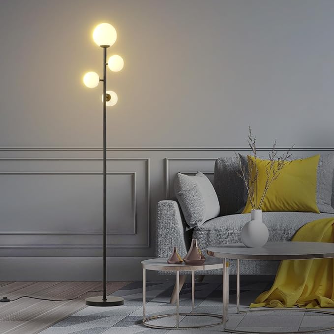 4 Globe Modern Floor Lamp, Mid Century Contemporary Black Standing Lamp with Frosted Orb Glass Shade & Warm White LED Bulbs, Tall Tree Lamp for Living Room, Bedroom, Office, Hotel - LeafyLoom