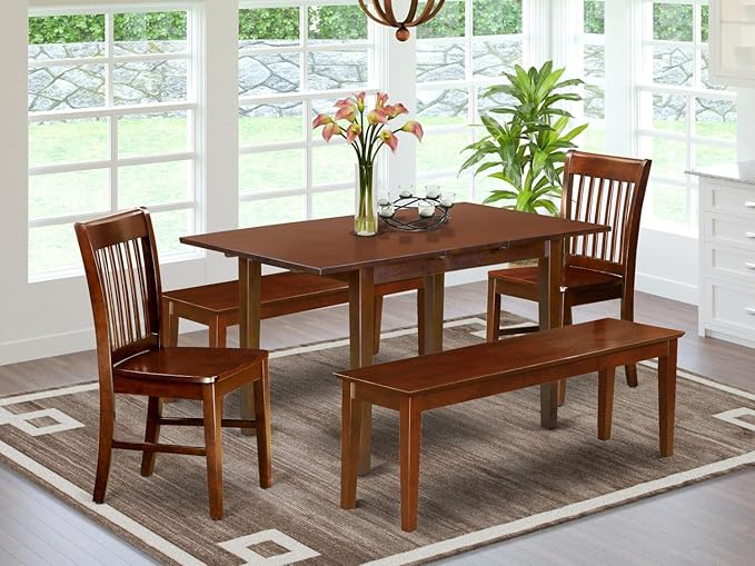 East West Furniture Norfolk 5 Piece Set includes a Rectangle Dining Table with Butterfly Leaf and 2 Kitchen Chairs with 2 Benches, 32x54 Inch, NOFK5C-MAH-W - LeafyLoom