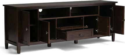 SIMPLIHOME Warm Shaker SOLID WOOD Universal TV Media Stand, 72 Inch Wide, Farmhouse Rustic, Living Room Entertainment Center, for Flat Screen TVs up to 80 Inch in Tobacco Brown - LeafyLoom