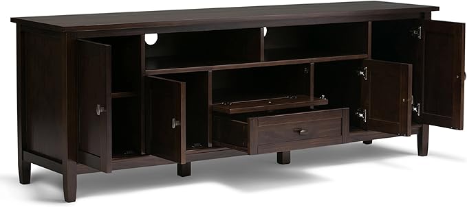 SIMPLIHOME Warm Shaker SOLID WOOD Universal TV Media Stand, 72 Inch Wide, Farmhouse Rustic, Living Room Entertainment Center, for Flat Screen TVs up to 80 Inch in Tobacco Brown - LeafyLoom