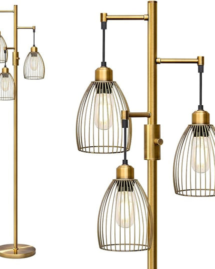 Dimmable Floor Lamp, Industrial Floor Lamps for Living Room, Antique Brass Tree Lamp Standing Lamp Tall Lamps with 3 Elegant Teardrop Cage Head & 800 Lumens LED Bulbs for Living Room Bedroom Office - LeafyLoom