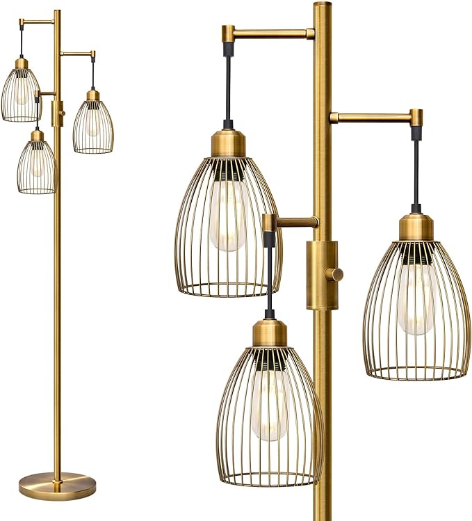 Dimmable Floor Lamp, Industrial Floor Lamps for Living Room, Antique Brass Tree Lamp Standing Lamp Tall Lamps with 3 Elegant Teardrop Cage Head & 800 Lumens LED Bulbs for Living Room Bedroom Office - LeafyLoom