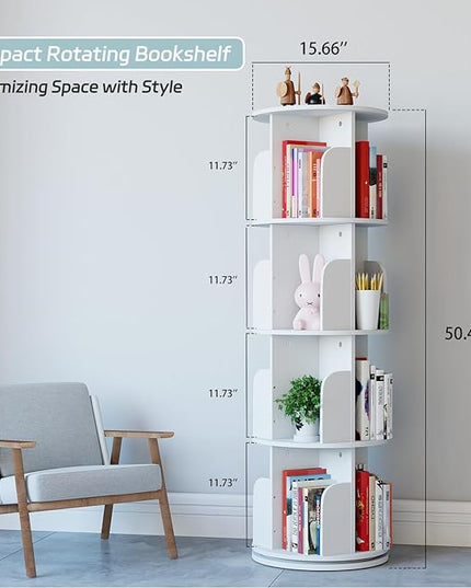 EasyCom 4 Tier Rotating Display Bookshelf Organizer Floor Standing Bookcase Storage Rack- Display Round Bookshelf Swivel Corner Book Shelf- Tall Bookcase for Home Study Office, White - LeafyLoom
