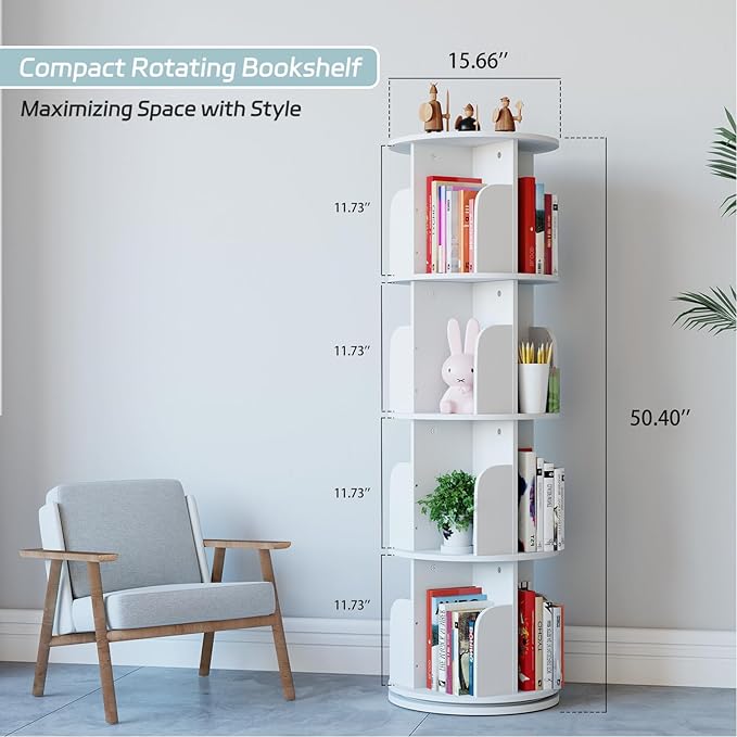 EasyCom 4 Tier Rotating Display Bookshelf Organizer Floor Standing Bookcase Storage Rack- Display Round Bookshelf Swivel Corner Book Shelf- Tall Bookcase for Home Study Office, White - LeafyLoom