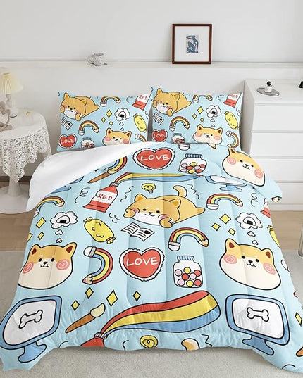 Datura home Kids Comforter Set Kawaii Dogs Bedding Cute Shiba Inu Corgi Printed Pattern Decor with 1 and 2 Pillowcases for Boys Girls All Season(Blue Inu), Twin 68x86inches - LeafyLoom