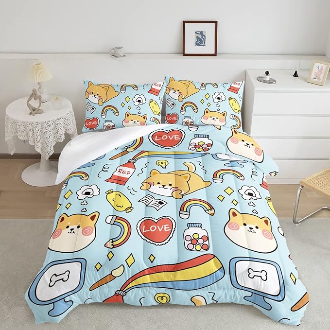 Datura home Kids Comforter Set Kawaii Dogs Bedding Cute Shiba Inu Corgi Printed Pattern Decor with 1 and 2 Pillowcases for Boys Girls All Season(Blue Inu), Twin 68x86inches - LeafyLoom