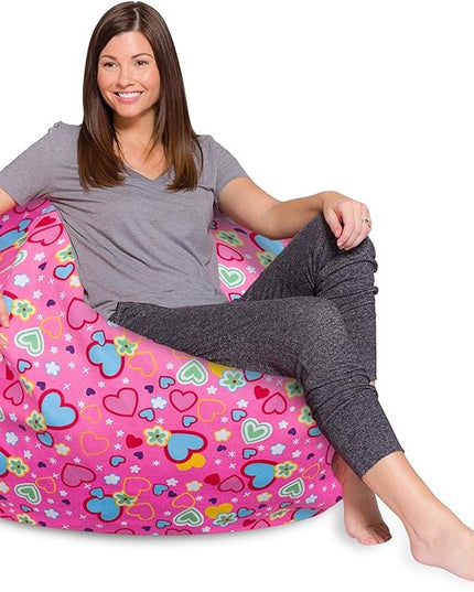 Posh Creations Bean Bag Chair for Kids, Teens, and Adults Includes Removable and Machine Washable Cover, Canvas Multi-Colored Hearts on Pink, 48in - X-Large - LeafyLoom