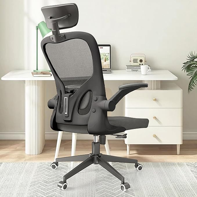 Black Office Chair, Ergonomic Office Chair, Home Office Desk Chair for Big and Tall People, Computer Chair with Adjustable Headrest, Lumbar Support, Flip-Up Arms, PU Wheels - LeafyLoom