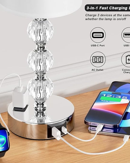 Touch Bedside Crystal Lamps for Bedrooms Nightstand with USB C+A Charging Port and AC Outlet White, 3 Way Dimmable Silver Small End Side Table Lamp for Living/Guest/Dinning Room/Kitchen - LeafyLoom