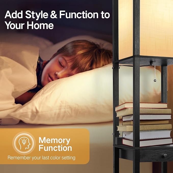 OUTON Dimmable Floor Lamp with Shelves, 1 Drawer, 2 USB-C Ports, 2 AC Outlets, LED Modern Floor Lamp with 3 Color Temperature, Storage Display Wood Standing Lamp for Living Room, Bedroom (Matte Black) - LeafyLoom