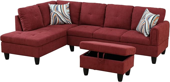 ROOMTEC Button Modern L Shape Sectional Sofa Set, Upholstered Corner Couch with Storage Ottoman, Flannel Tufted Cushions, for Living Room, Apartment, 97inch, Red w/Right Chaise Lounge - LeafyLoom